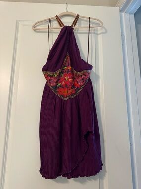 Free People Purple Halter Dress with Colorful Embroidered Front Panel